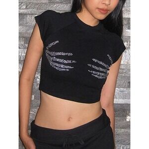 Micas Rhinestone Skeleton Rib Cage Crop Top Short‎ Sleeve Festival Party Size S